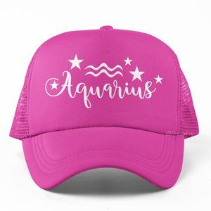 🆕AQUARIUS Script Stars Zodiac Pink Foam Trucker Hat Mesh Snapback Cap
